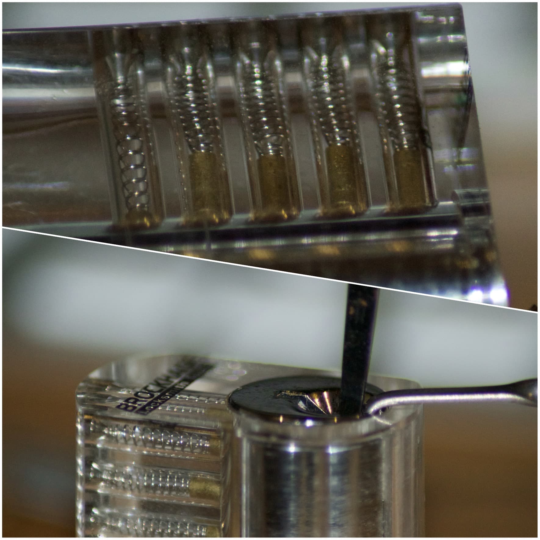 Cadenas transparent ouvert au crochetage — technique non-destructive visible sur les goupilles.